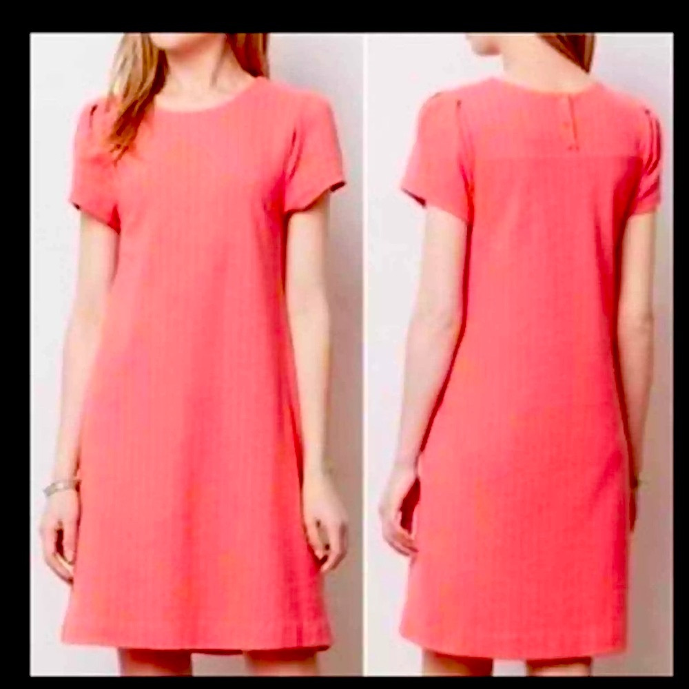 Coral diamond checkered pattern cap sleeve lined retro shift dress button back